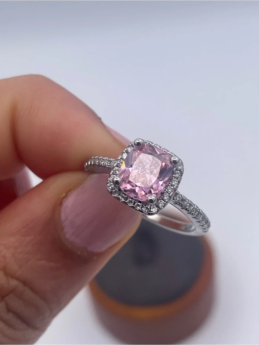 925 Sterling Silver Pink Cushion Cut CZ Halo Ring Cubic Zirconia Pave Band sz 8